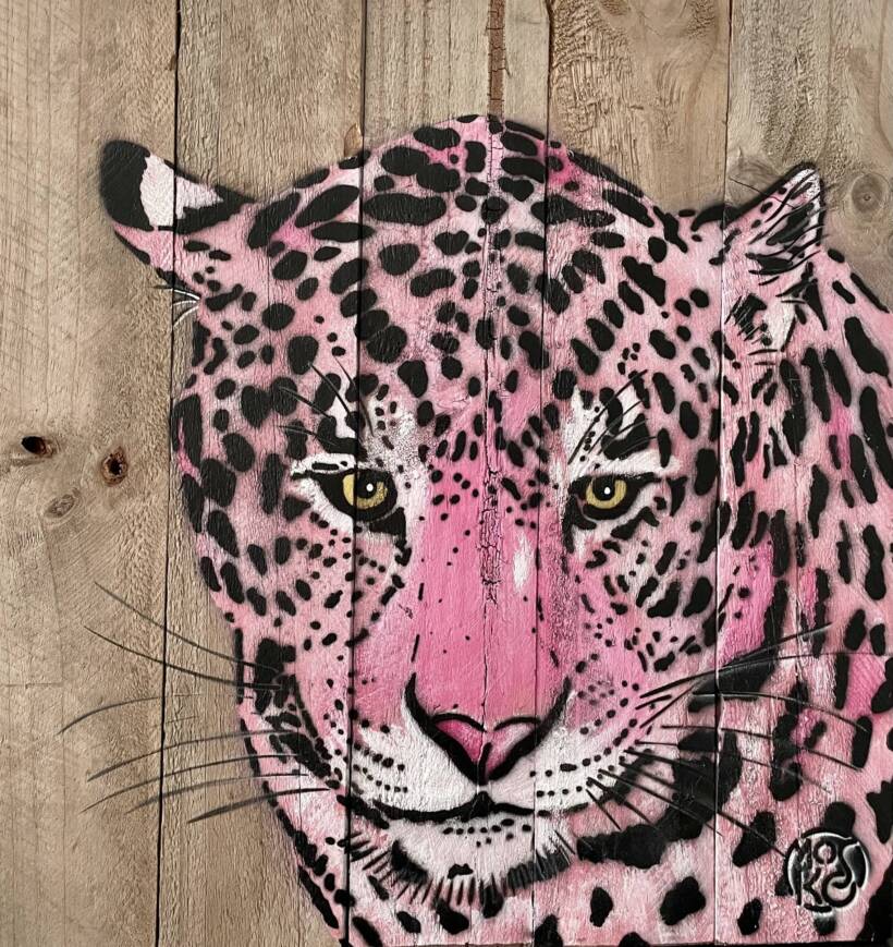 Mosko – Tête de Panthère, rose – Sur bois brut – Pencil and spray paint on wood – 40 x 38 cm