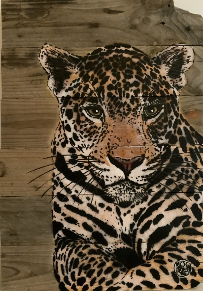 Mosko – Panther, chest – Spray and acrylic on wood – 22 x 16″