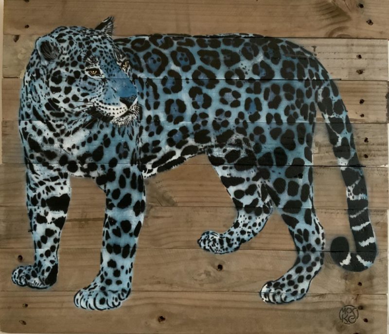Mosko – Jaguar, blue – Spray and acrylic on wood – 24 x 27″