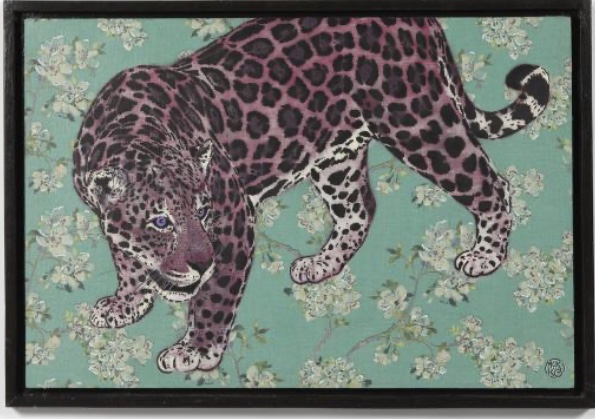 Mosko – Jaguar violet – Pochoir et peinture Aerosol sur tissu imprimé marouflé sur bois – caisse américaine – 67 x 98 cm