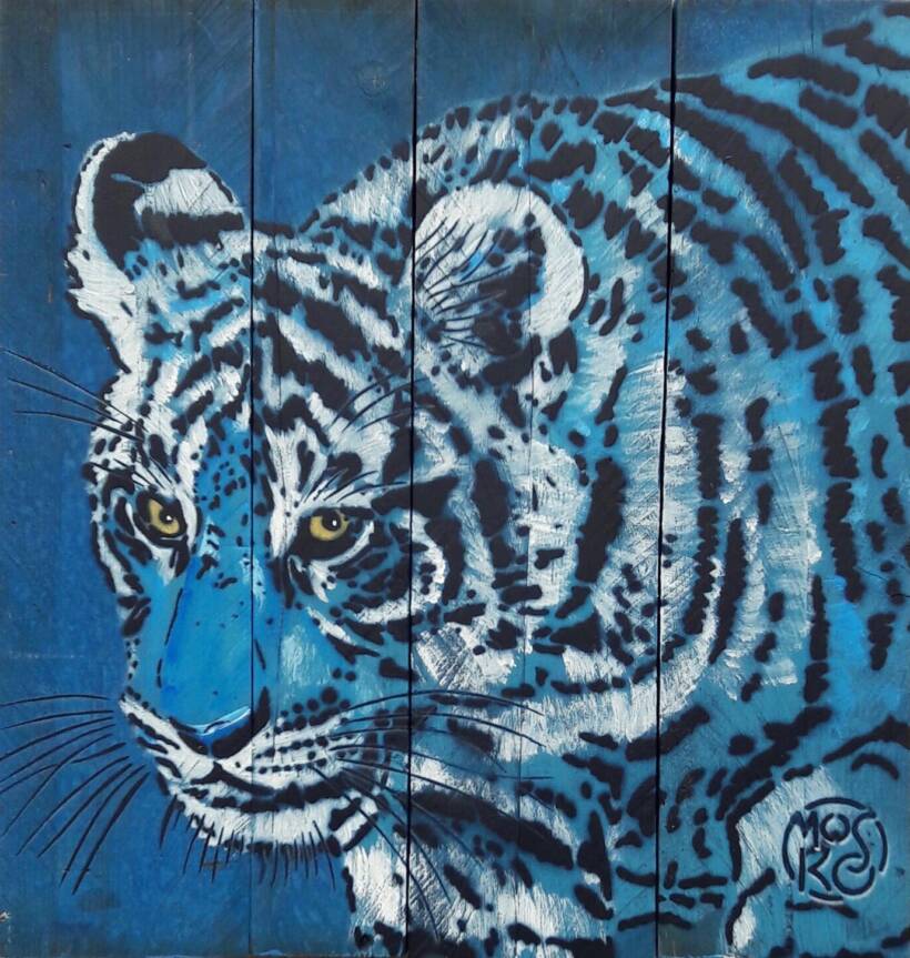 Bébé tigre bleu, bois brut, acrylique et pochoir, 37 x 35 cm