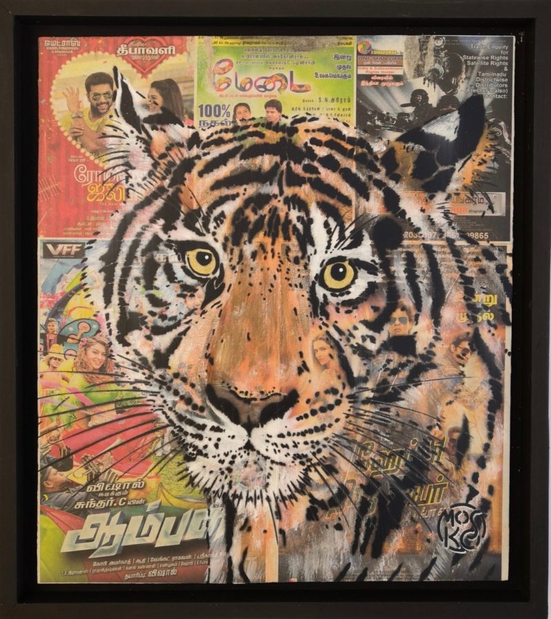 MOSKO – INDIAN TIGER – POCHOIR ET ACRYLIQUE SUR PAPIER, CAISSE AMÉRICAINE – 43 X 38 CM