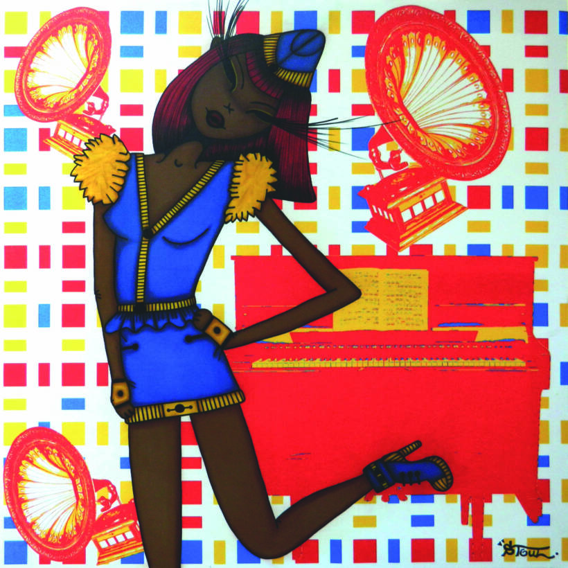 Stoul – BOOGIE WOOGIE SISTER – Acrylique, huile et impression sur toile – Pièce unique – 100×100 cm – 2011