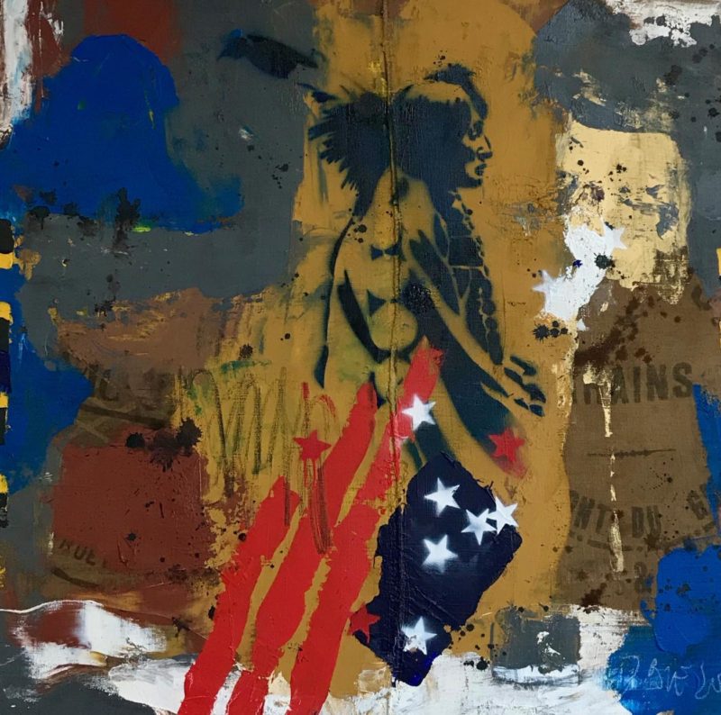 L’indien – Pochoir & acrylique sur toile de jute – 120 x 120 cm