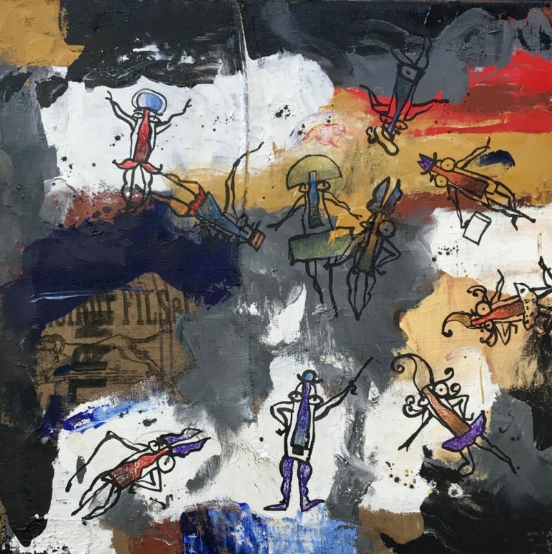 La joyeuse bande – Acrylique, encre de chine & pastels gras sur toile de jute – 120 x 120 cm