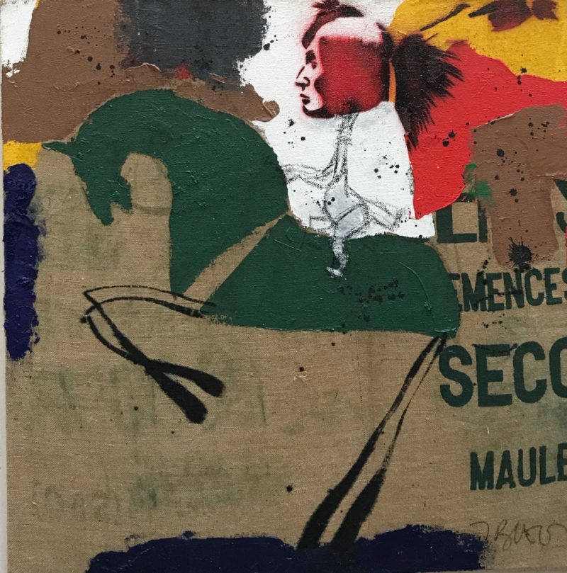 L’indien au cheval vert -Pochoir & acrylique sur toile de jute – 100 x 100 cm