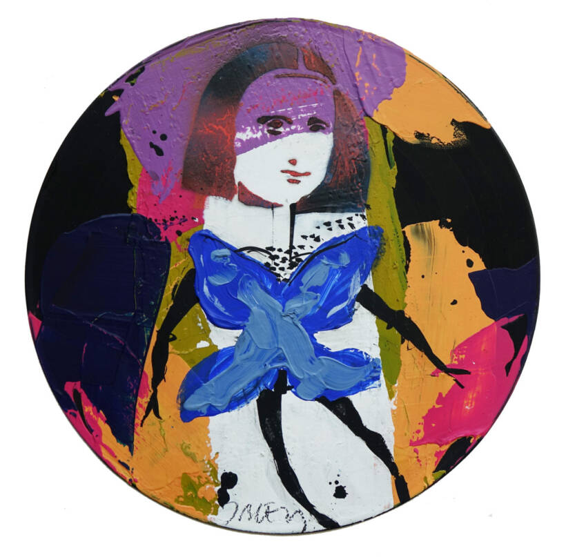 Jacques Blézot – La Joconde en robe papillon bleue – Techniques mixtes sur vynile – 30 cm