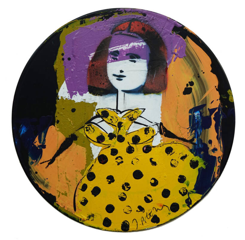 Jacques Blézot – La Joconde en robe jaune à pois – Techniques mixtes sur vynile – 30 cm