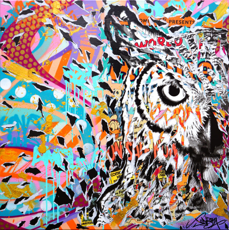 Jo di Bona – Owl sweet owl – Techniques mixtes sur toile – 80 x 80 cm