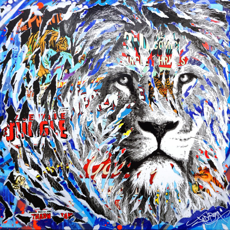 Jo Di Bona – The blue lion – Techniques mixtes sur toile – 80 x 80 cm