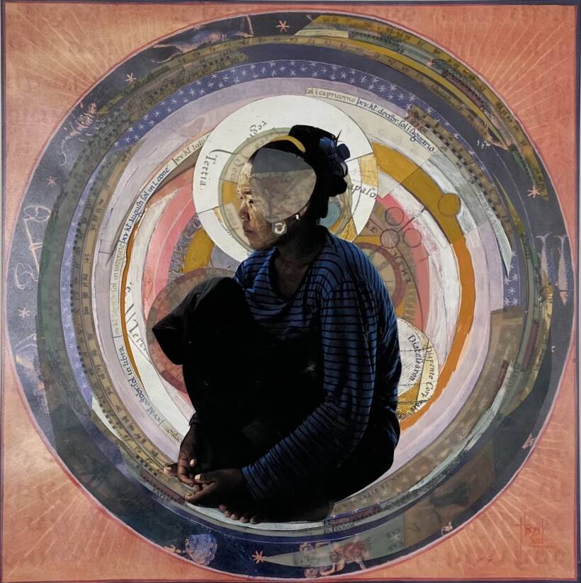 Tondo – Mossah/ Badjaos – oeuvre originale – Peinture et collage sur papier – 42 x 42 cm – 2019