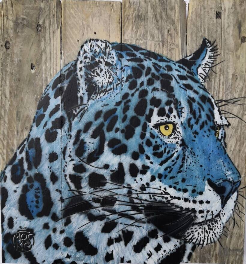 Mosko – Jaguar in blue – Spray et acrylique sur bois brut – 40 x 39 cm 