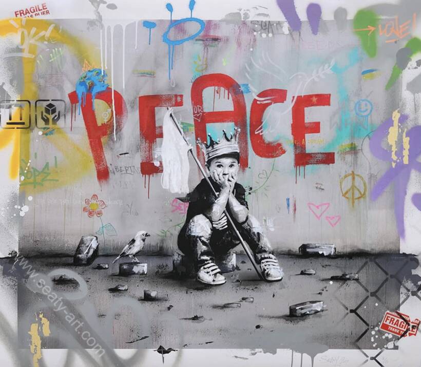 Seaty – Yuri #3 – Pièce unique – Impression originale sur papier Fine art 100% coton rehaussée à la main – Acrylique, aérosol et feuille d’or 24 carats – 90 x 80 cm – 2023