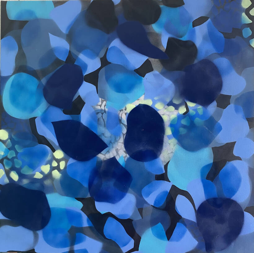 Daphne Dejay – Immersion bleue – Pochoir et acrylique sur toile – 80 x 80 cm