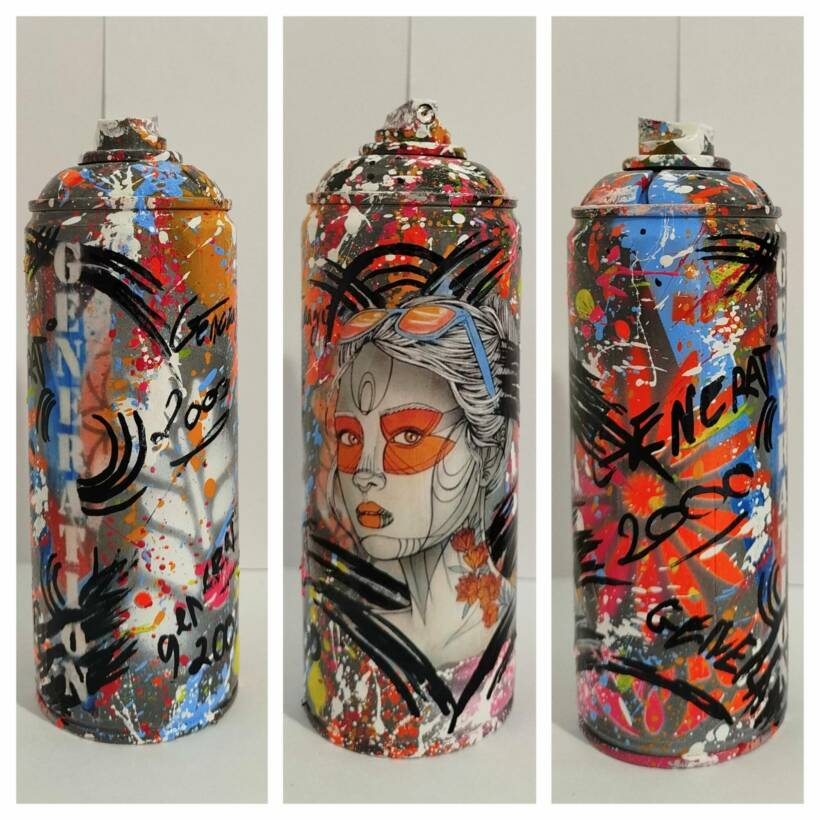 Caro Graffiti – Can #4 – Peinture  et encre permanente sur bombe aérosol – 19 x 6 cm – 2024