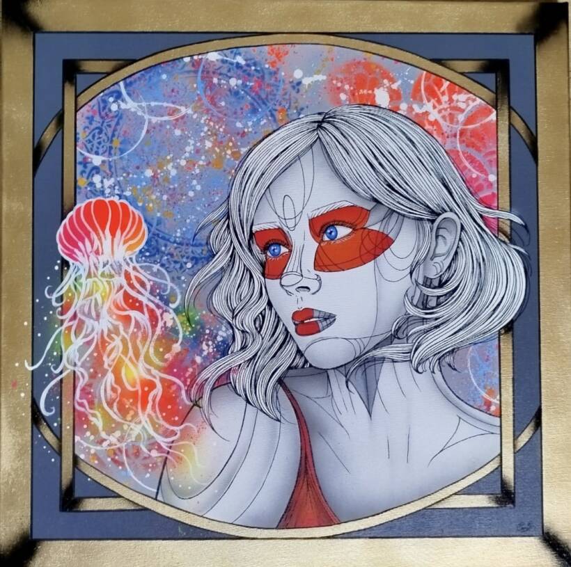 Caro Graffiti – Rêverie aquatique – Techniques mixtes sur toile – 60 x 60 cm – 2024