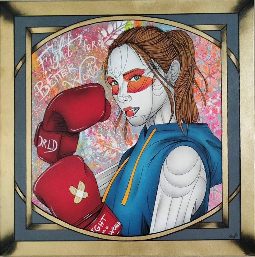 Caro Graffiti – Ink warrior – Techniques mixtes sur toile – 60 x 60 cm – 2024