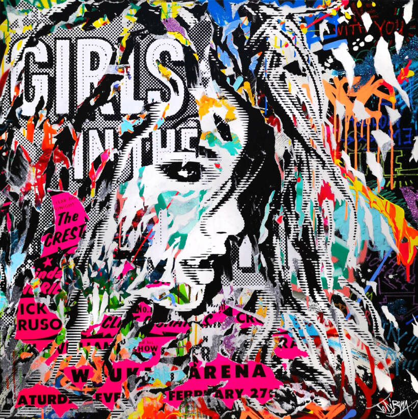 Girl in the city – Techniques mixtes sur toile – 100 x 100 cm – 2022