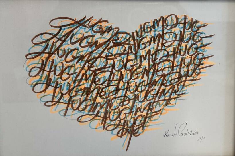 Karine Paoli – Poetic Heart #2 – Acrylique sur papier beaux-arts – Encadrement sous-verre, bois brut – 30 x 20 cm