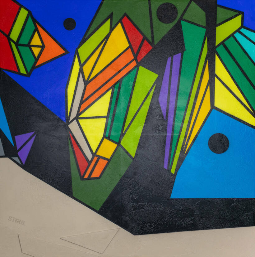 Stoul – “Fleur de la Canopée – Le Beffroi de Montrouge” – 
Peinture acrylique et enduit pierre sur toile, encadré -100×100 cm – 2022