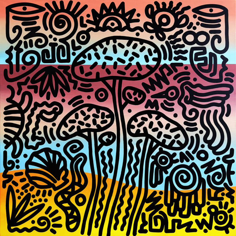 Woo – Derrière les pins, l’horizon – Encre et acrylique sur toile – 110 x 110 cm – 2025