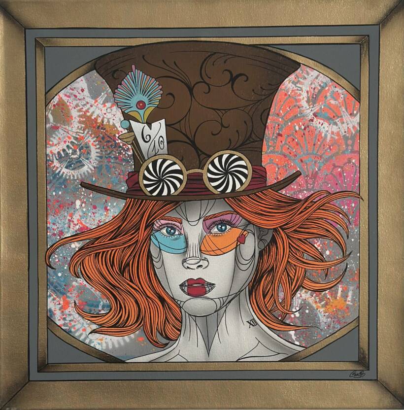 Caro Graffiti – Hypnotic hat – Peinture aérosol et encre permanente sur toile – 50 x 50 cm