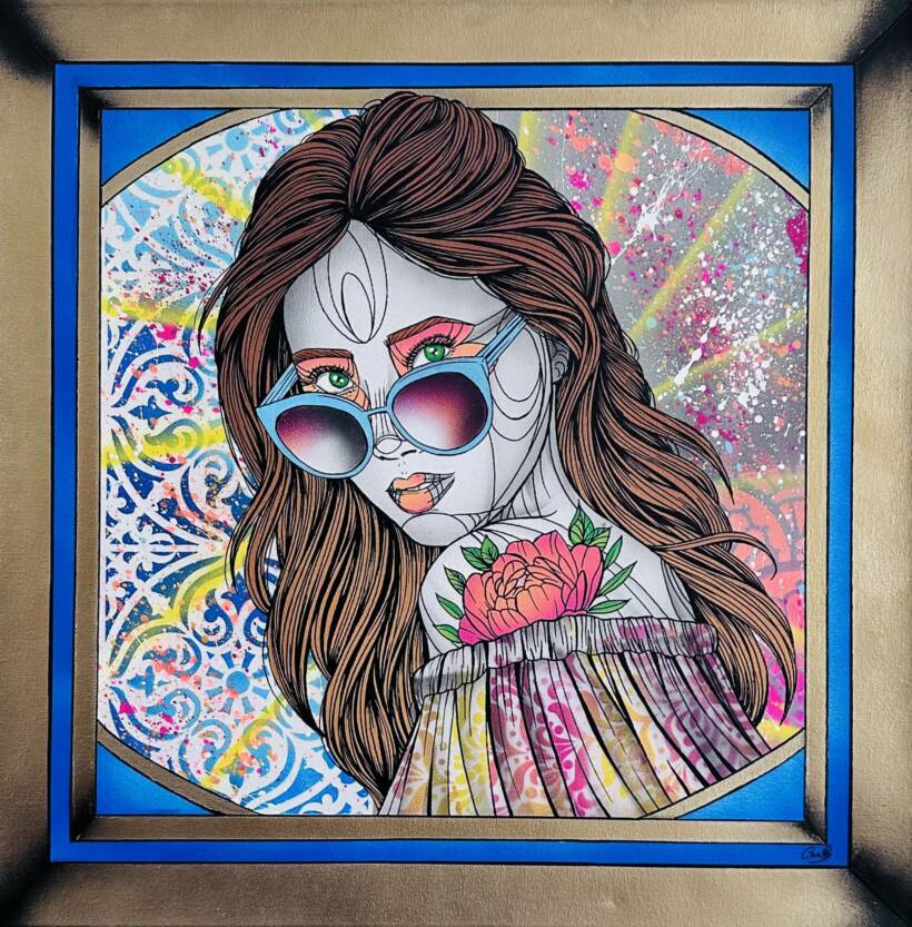Caro Graffiti – Summer – Peinture aérosol et encre permanente sur toile – 50 x 50 cm