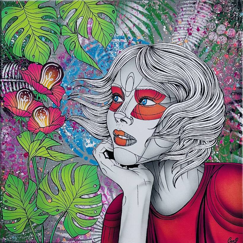 Caro Graffiti – Lumineuse – Peinture aérosol et encre permanente sur toile – 50 x 50 cm