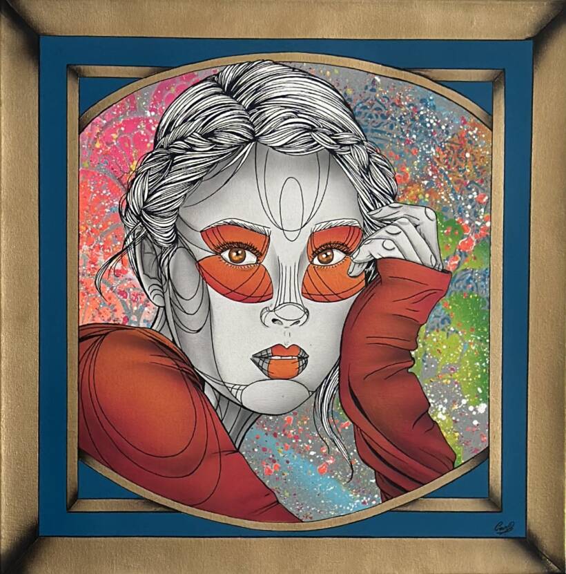 Caro Graffiti – Attraction – Peinture aérosol et encre permanente sur toile – 50 x 50 cm